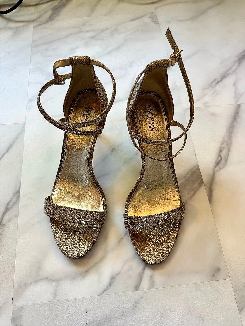 Michael Kors Jaida Glitter Chain Mesh Kitten Heel Sandal Gold
